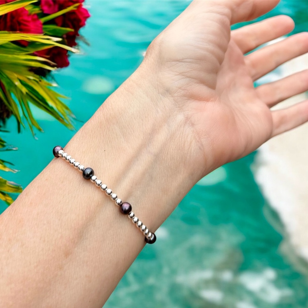 Bracelet sterling silver black pearls, real pearls genuine.925 sterling, stretch